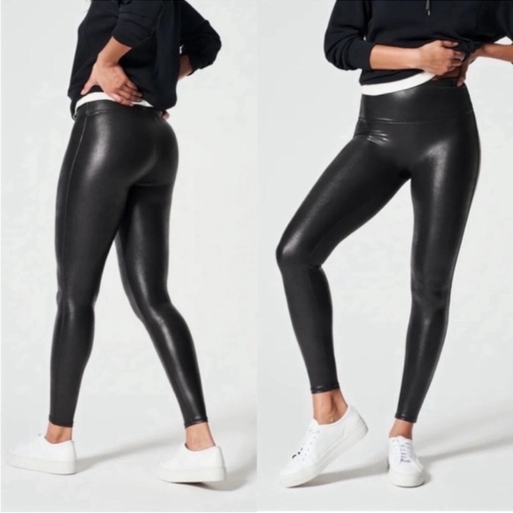 SPANX Pants - SPANX Women’s Faux Black Leather Leggings Tights in Shimmer Black SZ Medium